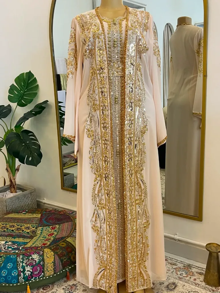 KS1239BES4 BEIGE  WITH GOLD SEQUNS AND GOLD BEADS HIJAB SET KAFTAN                       -SIZE 4