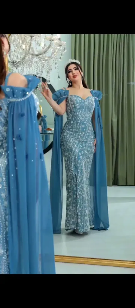 KS1240TUS44 TURQUISE BLUE WITH SILVER STONES AND WHITE BEADS OFF SHOULDER KAFTAN                                           -SIZE 44