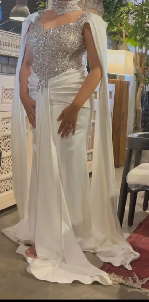 KS1243WSF  WHITE WITH SILVER STONE  SATIN GOWN          -FREE SIZE