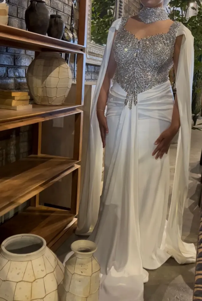 KS1243CRSF CREAM WITH SILVER STONE  SATIN GOWN