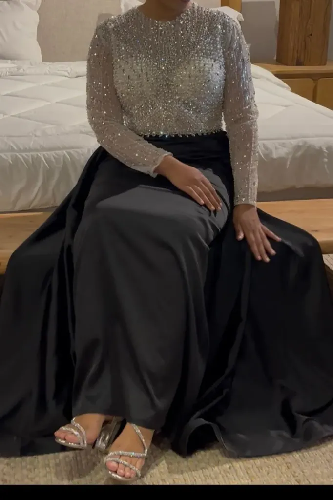 KS1243BLSF BLACK WITH SILVER STONE  SATIN GOWN                              -FREE SIZE