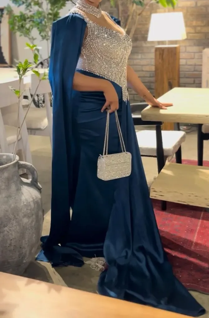 KS1243BSF BLUE WITH SILVER STONE  SATIN GOWN                          -FREE SIZE