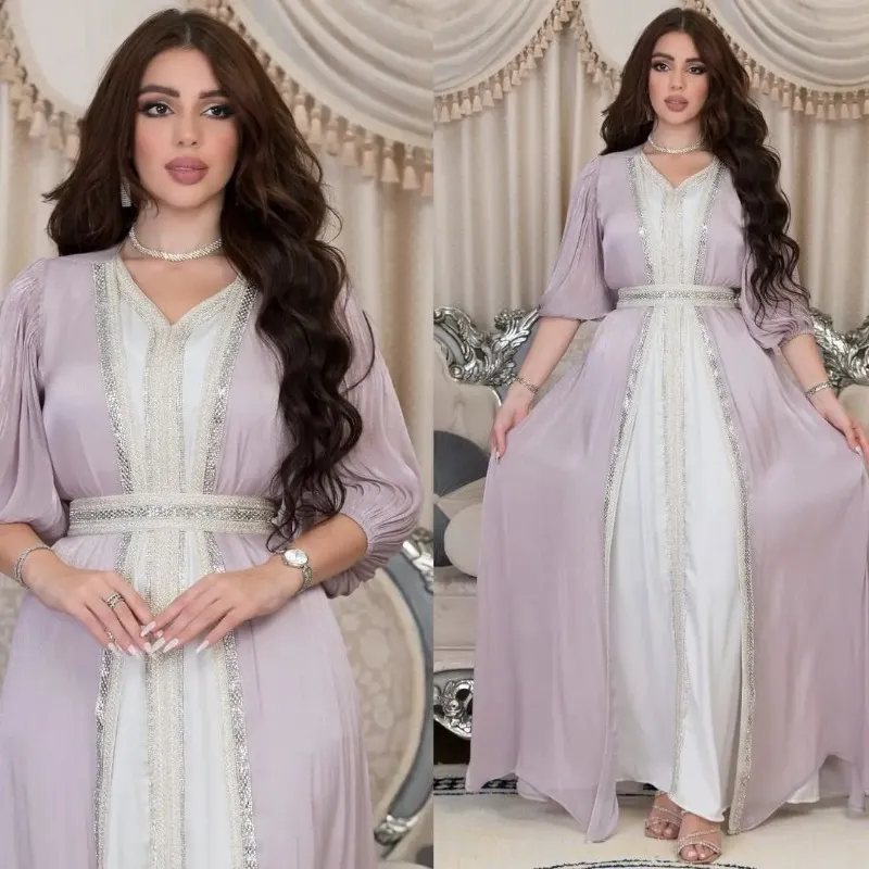 KS1251PUSXL PURPLE PLAIN WITH WHITE INNER DRESS PUFFY HAND  KAFTAN                                          -SIZE XL