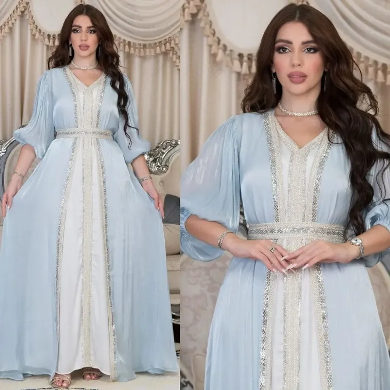 KS1251BSM BLUE PLAIN WITH WHITE INNER DRESS PUFFY HAND  KAFTAN                                                   -SIZE M
