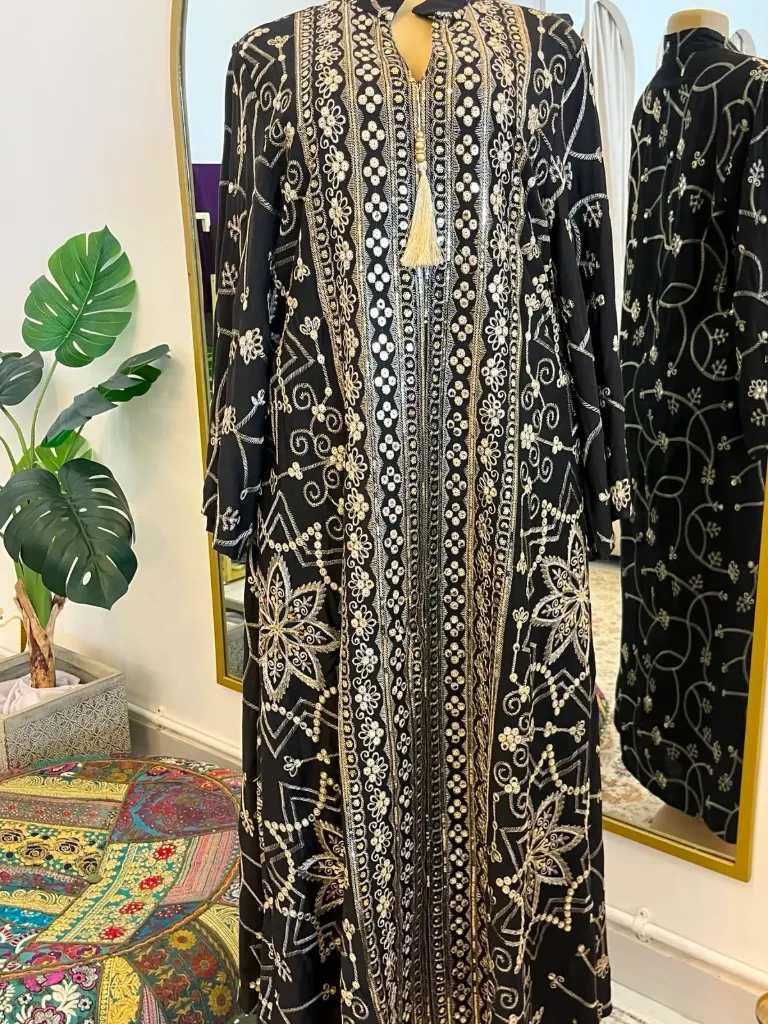 KS1256BLSL BLACK WITH GOLD EMBROIDERED SEQUINS KAFTAN                                                     -SIZE L