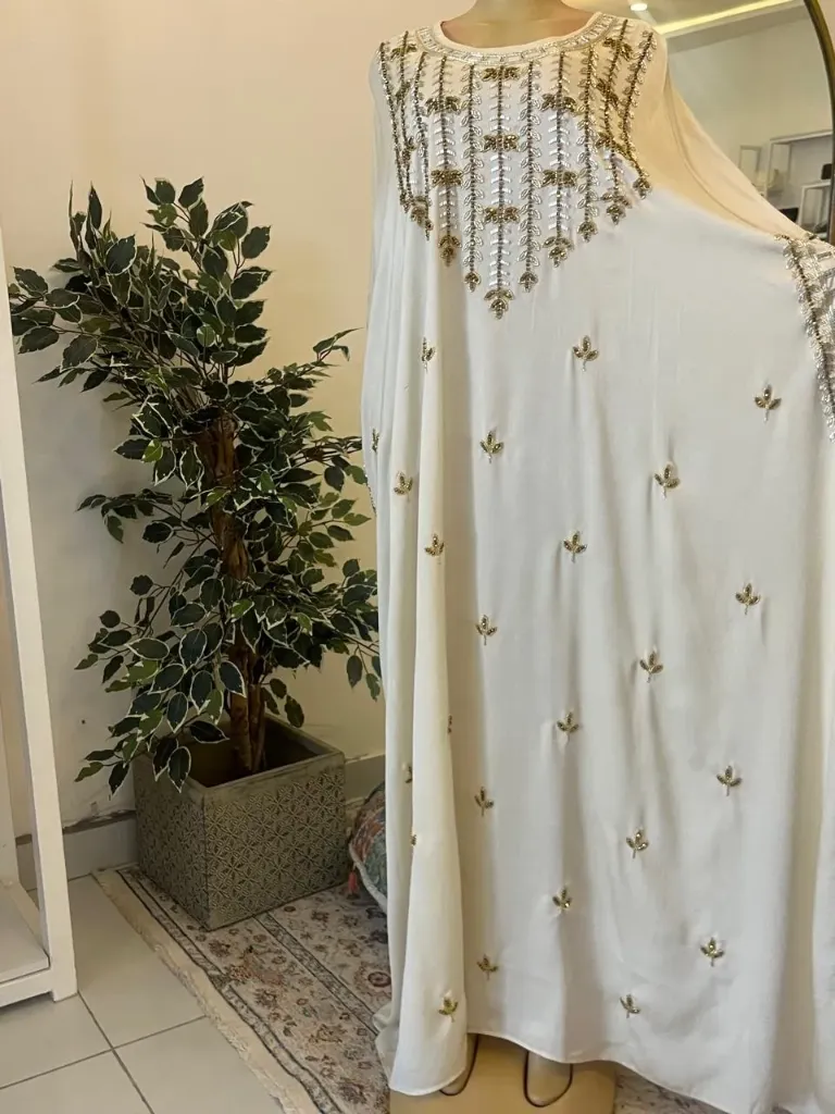 KS1262CRSF CREAM WITH SILVER AND GOLD BEADS FREE SIZE KAFTAN                                         -FREE SIZE