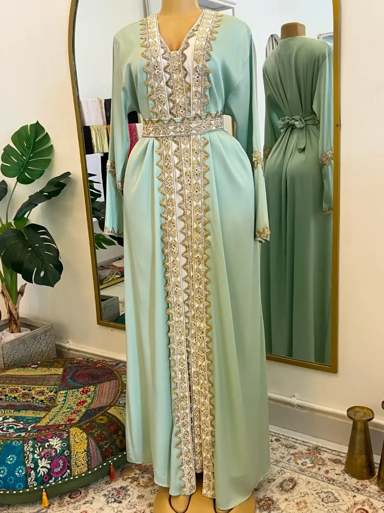 KS1270LGSS  LIME GREEN WITH GOLD BEADS TWO PIECE DESIGN FREE SIZE KAFTAN                                      -SIZE S