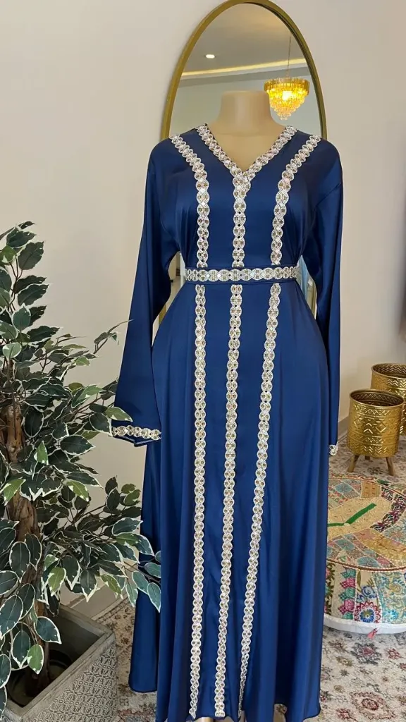 KS1274NBSF NAVY BLUE WITH SILVER STONES KAFTAN                                 -FREE SIZE
