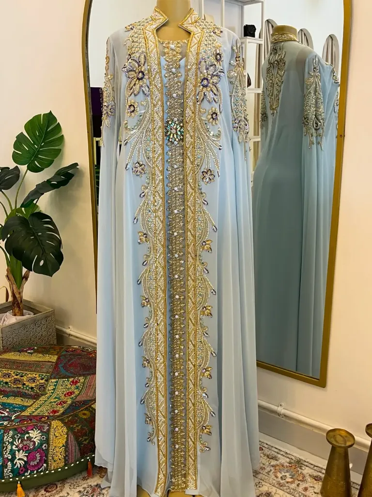 KS1276BSXL BLUE WITH GOLD AND WHITE BEADS TWO PIECE KAFTAN                                                  -SIZE XL