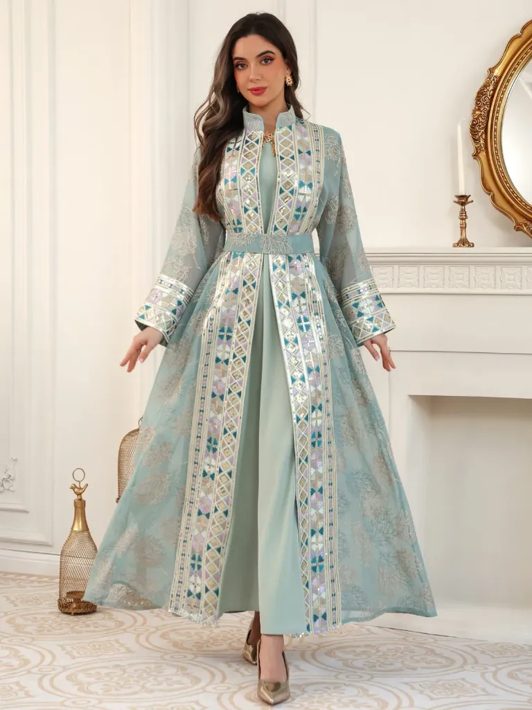 KS1280TUSXL TUQUISE GREEN WITH GOLD EMBROIDERY TWO PIECE KAFTAN                                       -SIZE XL