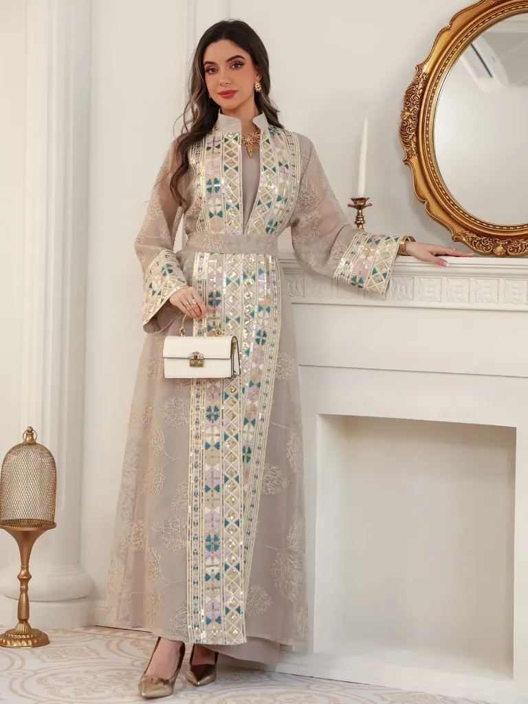 KS1280BESM BEIGE WITH GOLD EMBROIDERY TWO PIECE KAFTAN                                                          -SIZE M