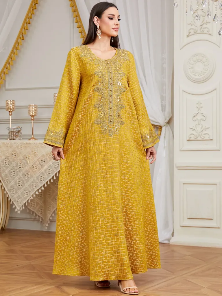 KS1281MUSL MUSTURD WITH GOLD EMBROIDERY KAFTAN                                                  -SIZE L