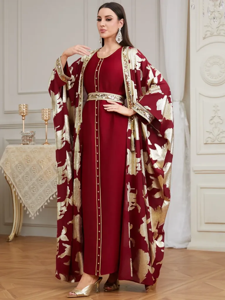 KS1282RSXL RED WITH GOLD PRINT TWO PIECE KAFTAN                                -SIZE XL