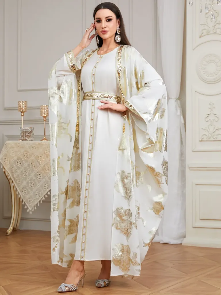 KS1282CRSXL CREAM WITH GOLD PRINT TWO PIECE KAFTAN                                                     -SIZE XL