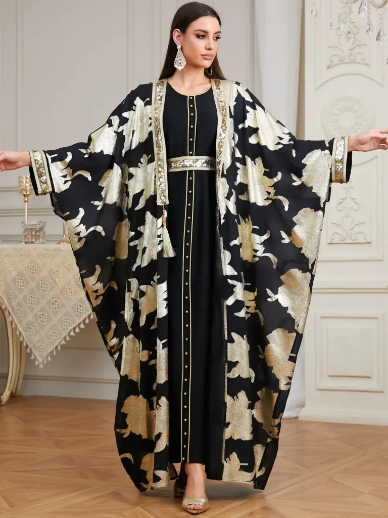 KS1282BLSL BLACK  WITH GOLD PRINT TWO PIECE KAFTAN                                                -SIZE L