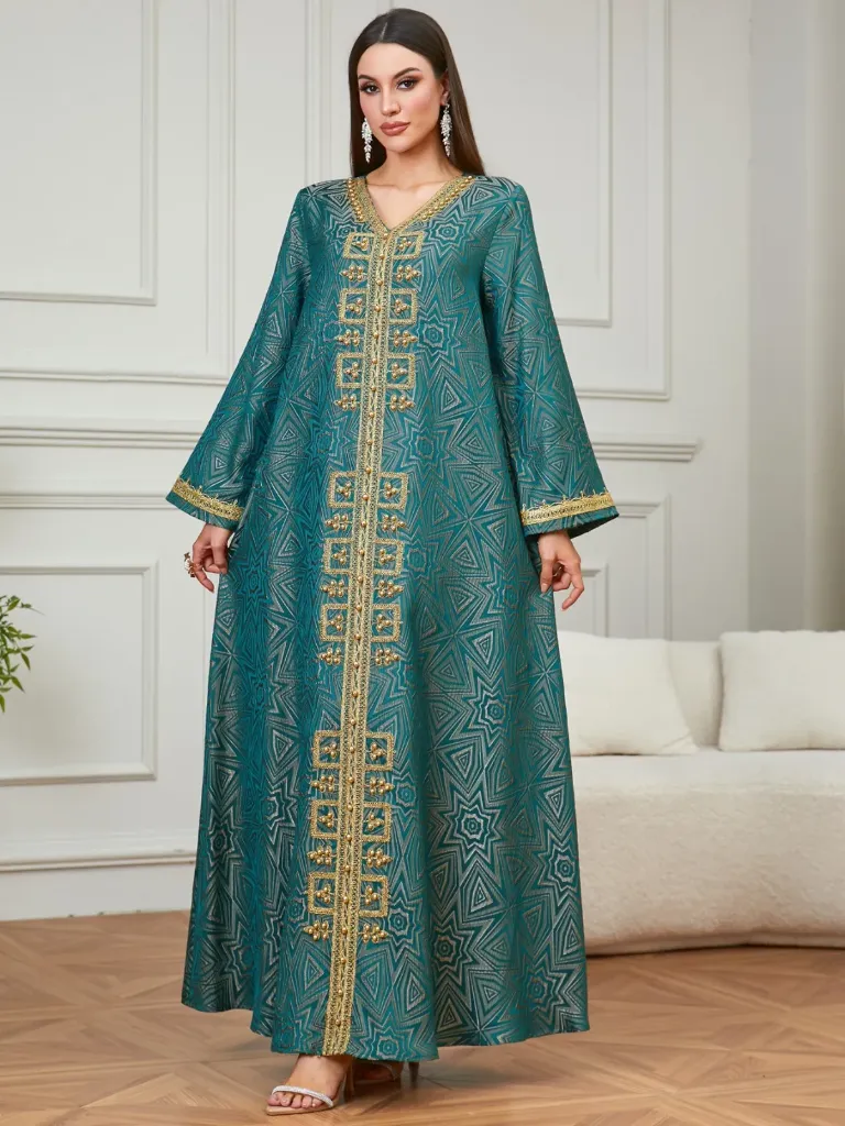 KS1283JGSM JUNGLE GREEN WITH GOLD EMBROIDERY AND GOLD STONES KAFTAN                            -SIZE M