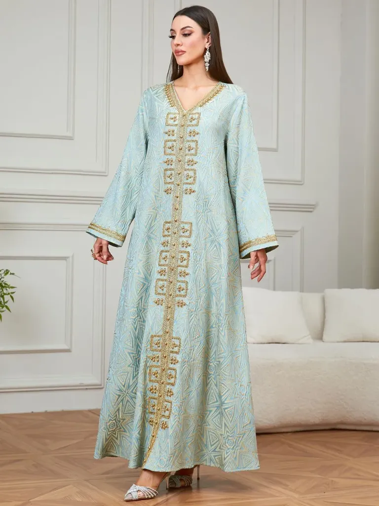 KS1283LGSM LIME GREEN WITH GOLD EMBROIDERY AND GOLD STONES KAFTAN                                           -SIZE M
