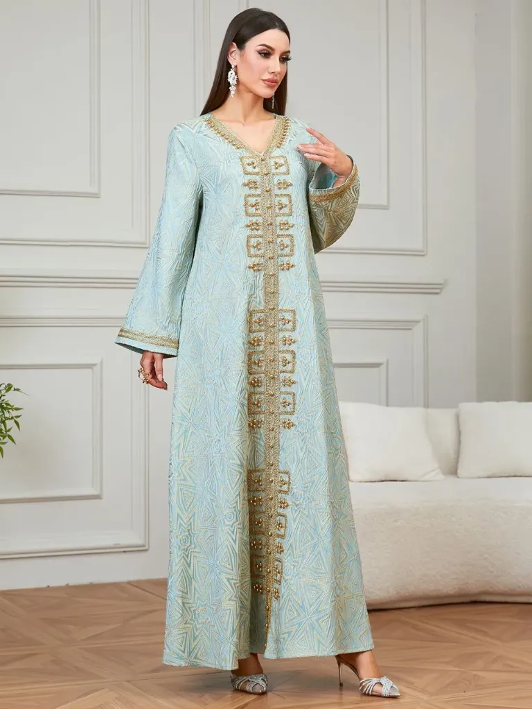KS1283JGSXL LIME GREEN WITH GOLD EMBROIDERY AND GOLD STONES KAFTAN                                 -SIZE XL