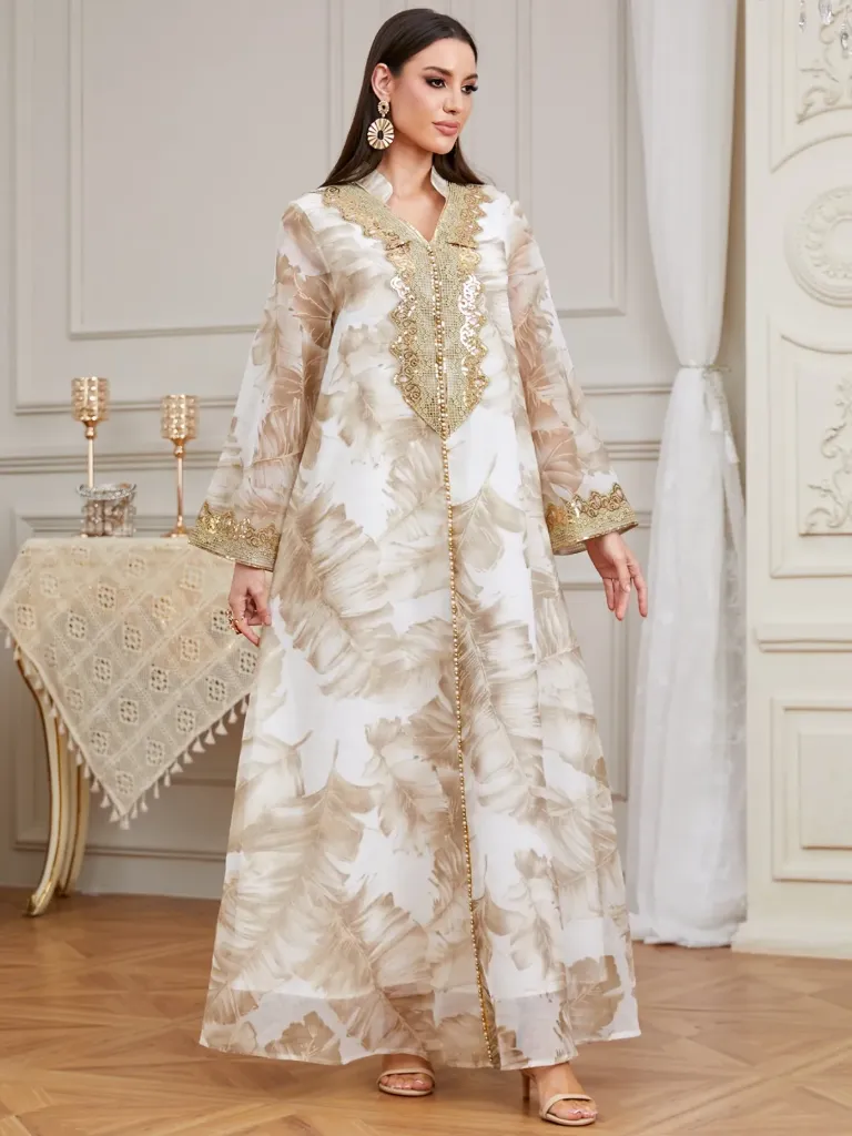 KS1284WSM WHITE WITH GOLD PRINTS AND GOLD EMBROIDERED SEQUINS KAFTAN                                                          -SIZE M
