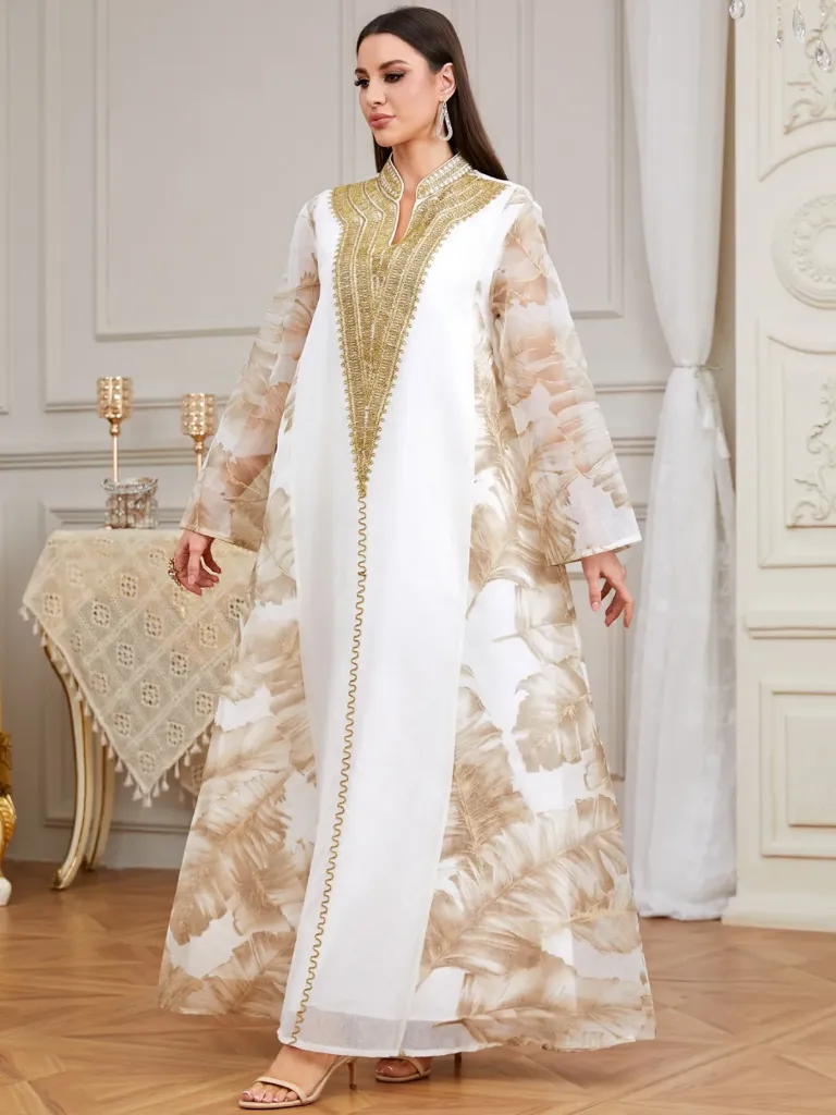 KS1285GOSXL WHITE WITH GOLD EMBROIDERY ONE PIECE KAFTAN                                                -SIZE XL