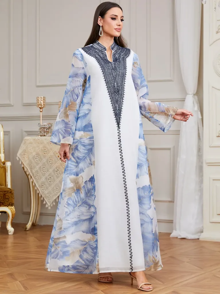 KS1285BSXL WHITE  WITH BLUE EMBROIDERY ONE PIECE KAFTAN                                                                   -SIZE XL