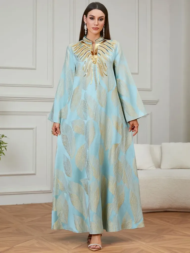 KS1286LGS2XL LIME GREEN WITH GOLD SEQUINS AND EMBROIDERY ONE PIECE KAFTAN                       -SIZE 2XL