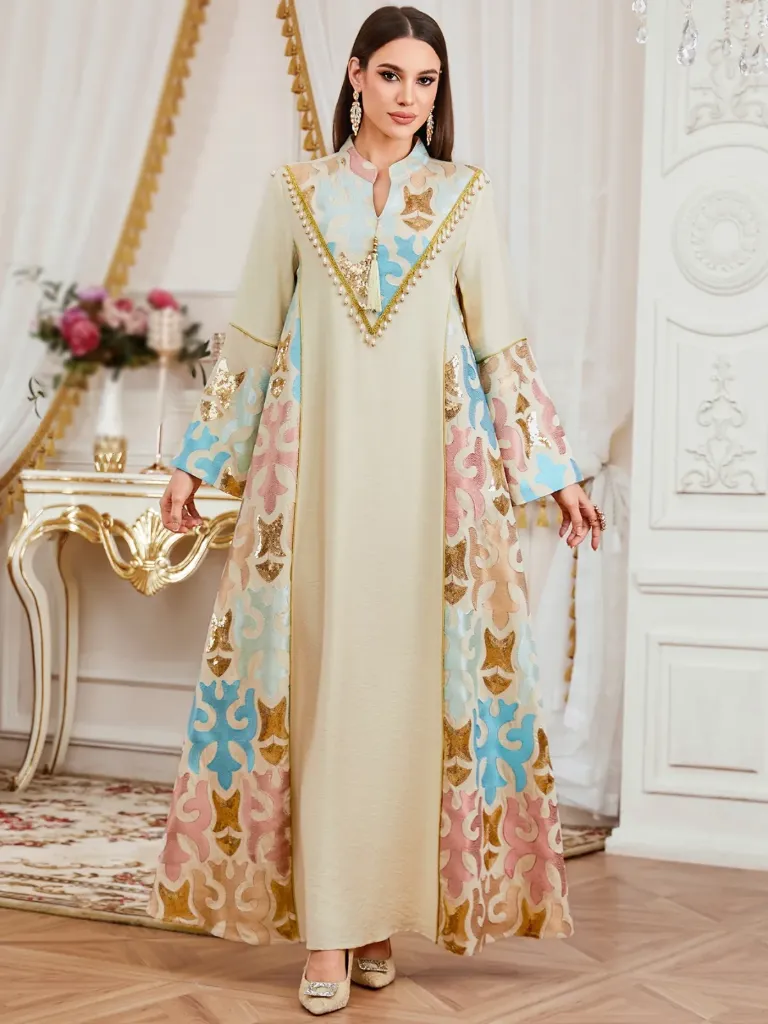 KS1287BESM BEIGE WITH COLOURFUL EMBROIDERY ONE PIECE KAFTAN                                           -SIZE M                         -SIZE M