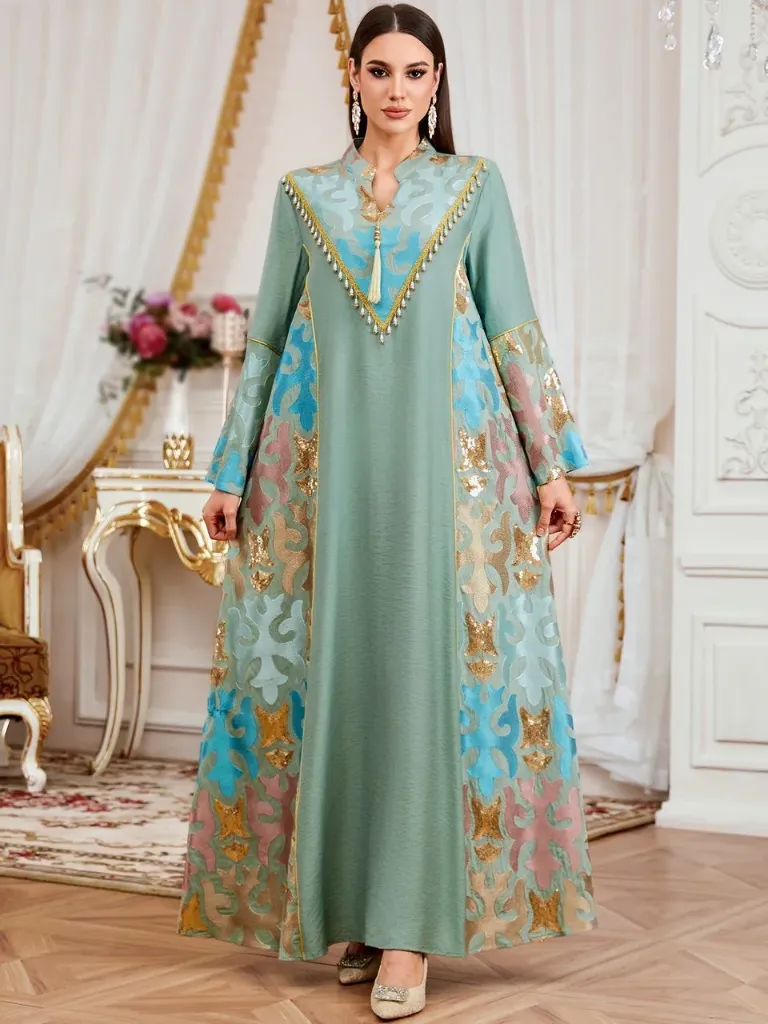 KS1287TUS2XL TURQUISE GREEN WITH COLOURFUL EMBROIDERY ONE PIECE KAFTAN                  -SIZE 2XL