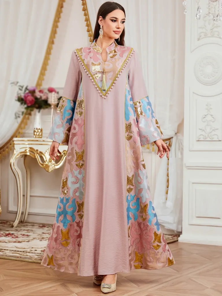 KS1287PS2XL PINK WITH COLOURFUL EMBROIDERY ONE PIECE KAFTAN                                          -SIZE  2XL