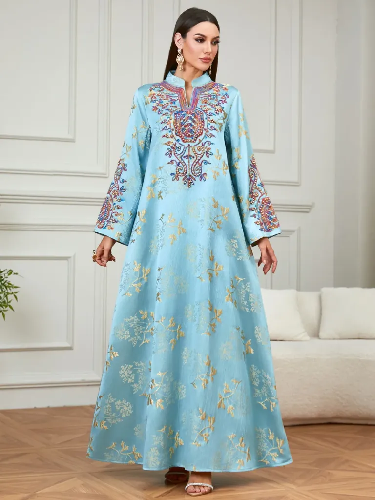 KS1288TUSXL TURQUISE GREEN WITH GOLD STONES AND RED EMBROIDERY KAFTAN                                -SIZE XL