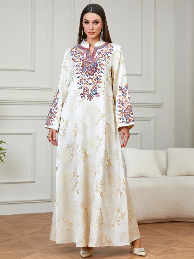 KS1288BESXL BEIGE WITH GOLD STONES AND RED EMBROIDERY KAFTAN                                          -SIZE XL