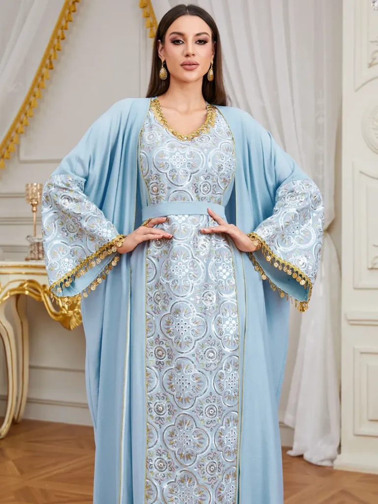 KS1289SBSMGREY  WITH SILVER AND BLUE STONES KAFTAN