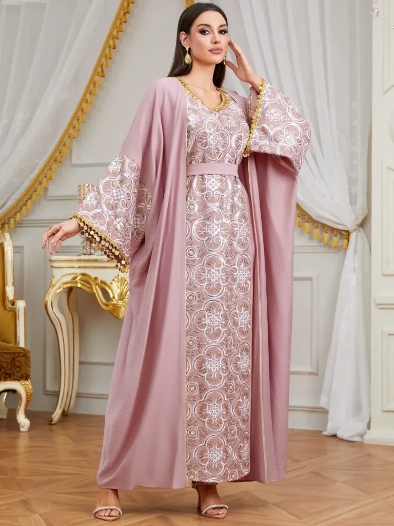 KS1289PS2XL PINK WITH WHITE AND GOLD EMBROIDERY COIN DESIGN TWO PIECE KAFTAN                       -SIZE 2XL