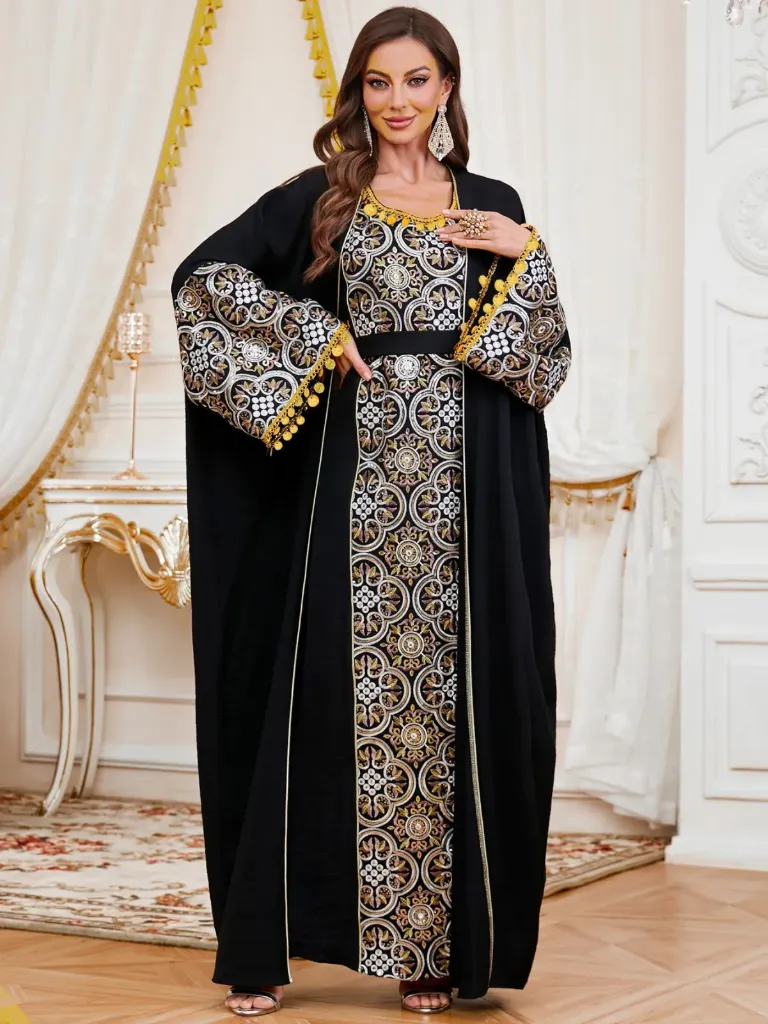 KS1289BLSXL BLACK WITH WHITE AND GOLD EMBROIDERY COIN DESIGN TWO PIECE KAFTAN                                    -SIZE XL