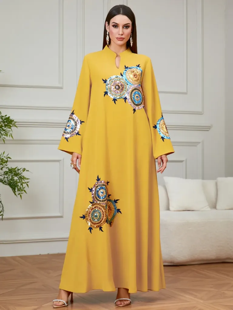 KS1290MUSXL MUSTURD WITH COLOURFUL SEQUINS KAFTAN                                                  -SIZE XL