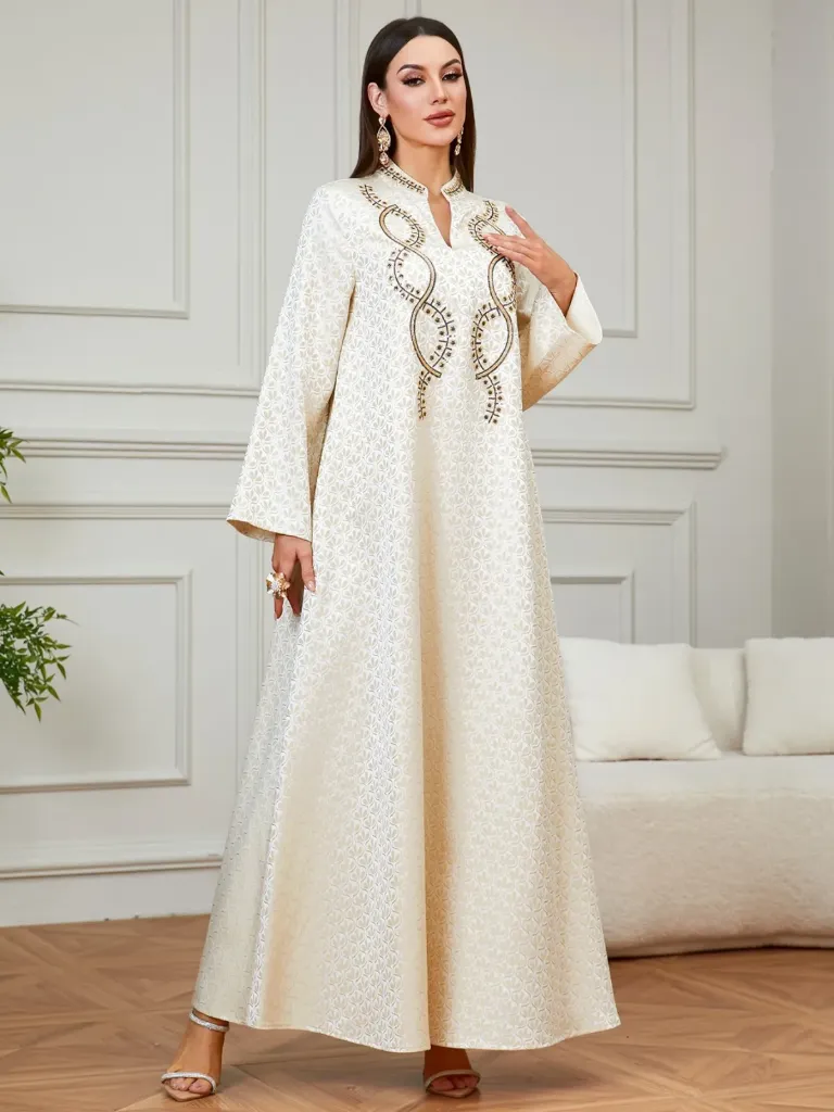 KS1291CRSXL CREAM WITH GOLD AND BLACK BEADS KAFTAN                                                     -SIZE XL