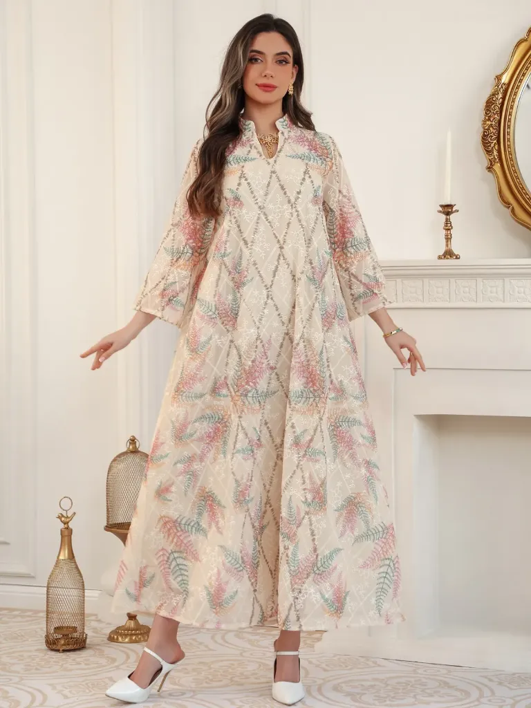 KS1292CRSL CREAM WITH COLOURFUL EMBROIDERY AND SCATERED SILVER STONES KAFTAN                  -SIZE L