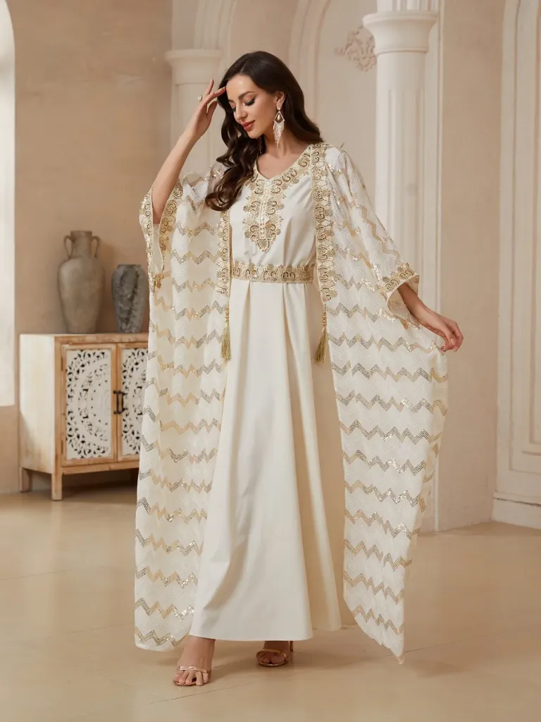 KS1293CRS2XL CREAM WITH GOLD EMBROIDERED SEQUINS KAFTAN                                      -SIZE 2XL