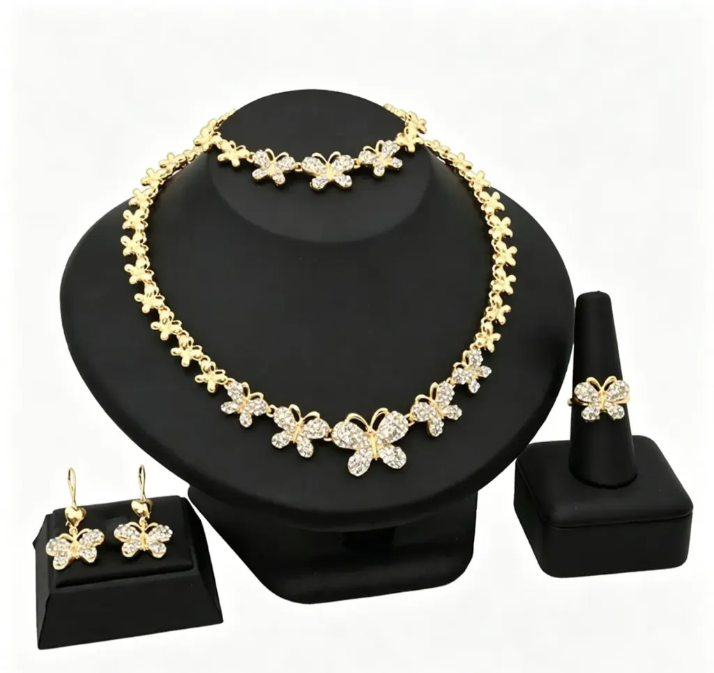 NK49GO GOLD WITH SILVER STONES BUTTERFLY DESIGN NECKLACE SET