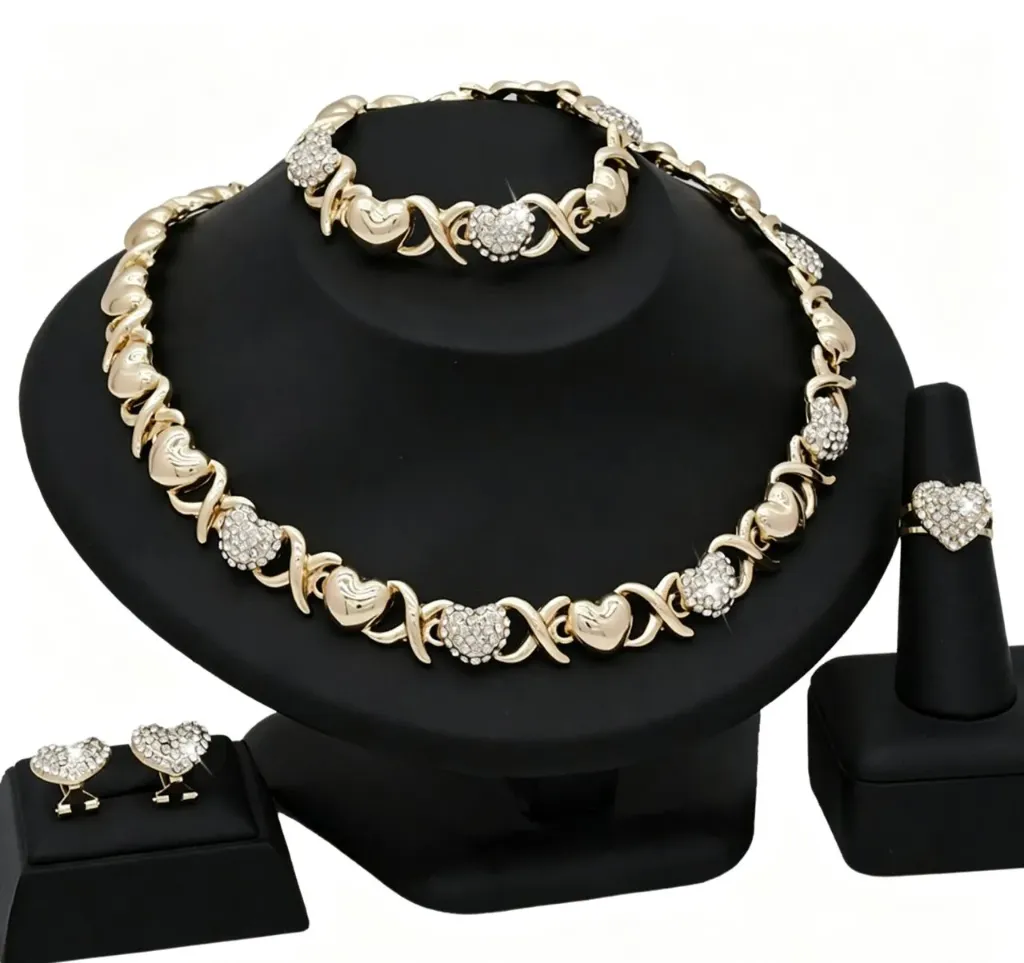 NK50GO GOLD WITH SILVER STONES LOVE DESIGN NECKLACE SET