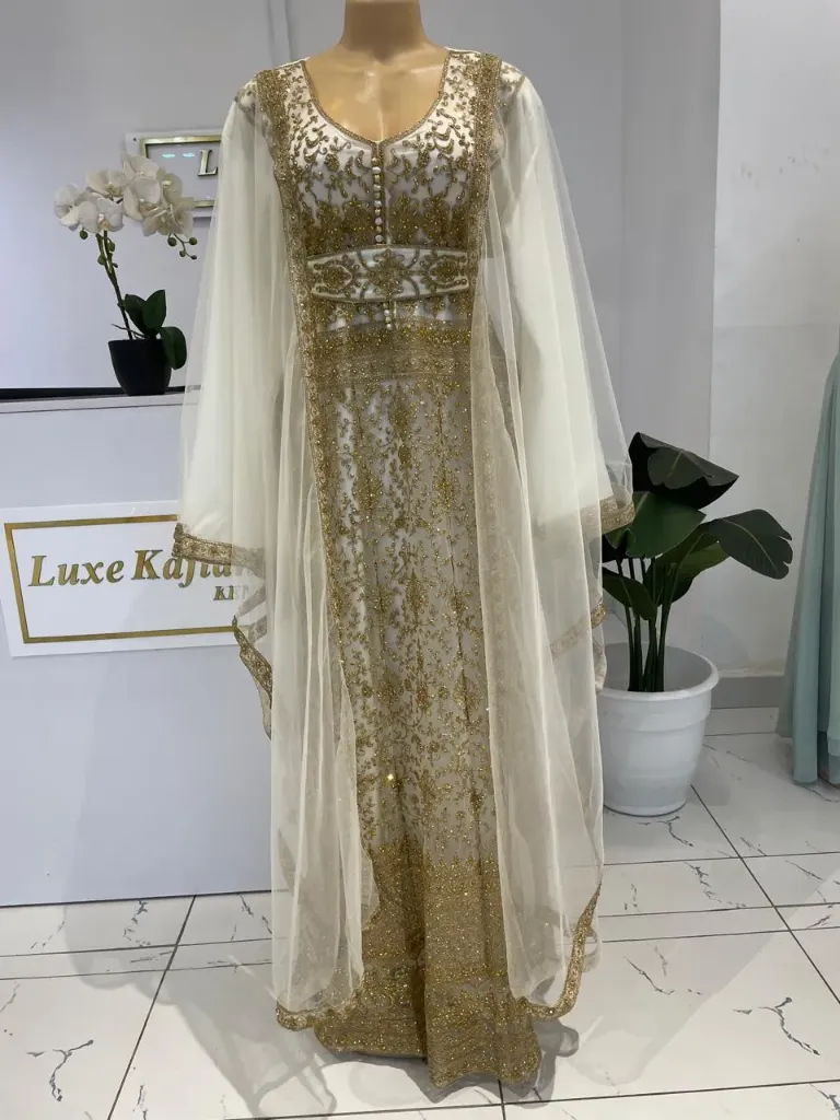 KS1294WSF WHITE WITH GOLD FREE SIZE NET DESIGN KAFTAN                                           -FREE SIZE