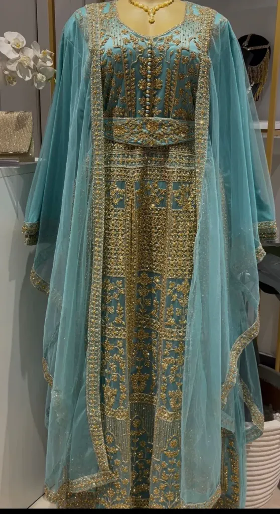 KS1294TUSF TURQUISE GREEN WITH GOLDFREE SIZE SIZE NET DESIGN KAFTAN                                 -FREE SIZE