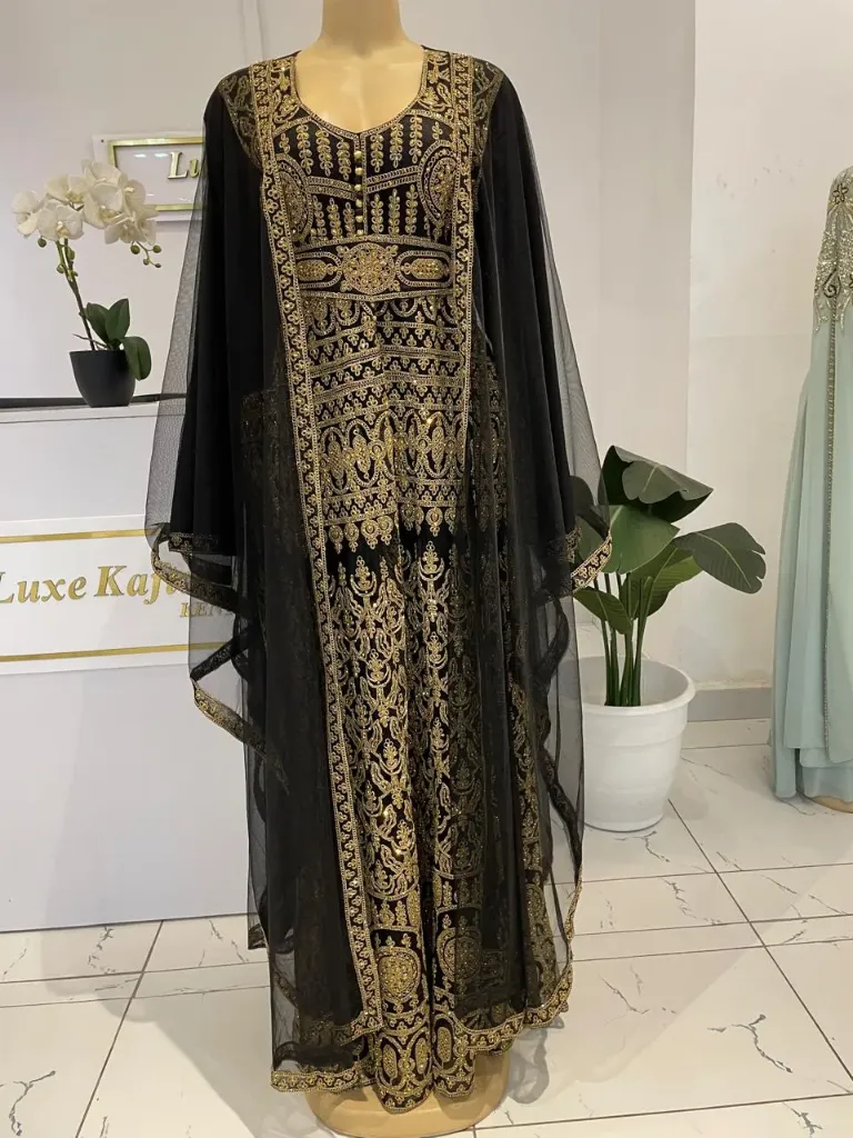 KS1294BLSF BLACK WITH GOLD FREE SIZE  NET DESIGN KAFTAN                            -FREE SIZE