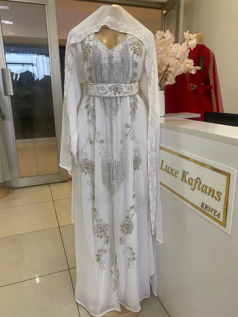 KS1295WSF WHITE WITH SILVER STONES HIJAB SET KAFTAN                                                -FREE SIZE