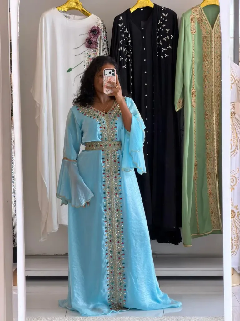 KS1297TBSF TURQUISE BLUE WITH COLOURFUL STONES ORGANZA KAFTAN                                    -FREE SIZE