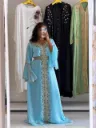 KS1297TBSF TURQUISE BLUE WITH COLOURFUL STONES ORGANZA KAFTAN                                    -FREE SIZE