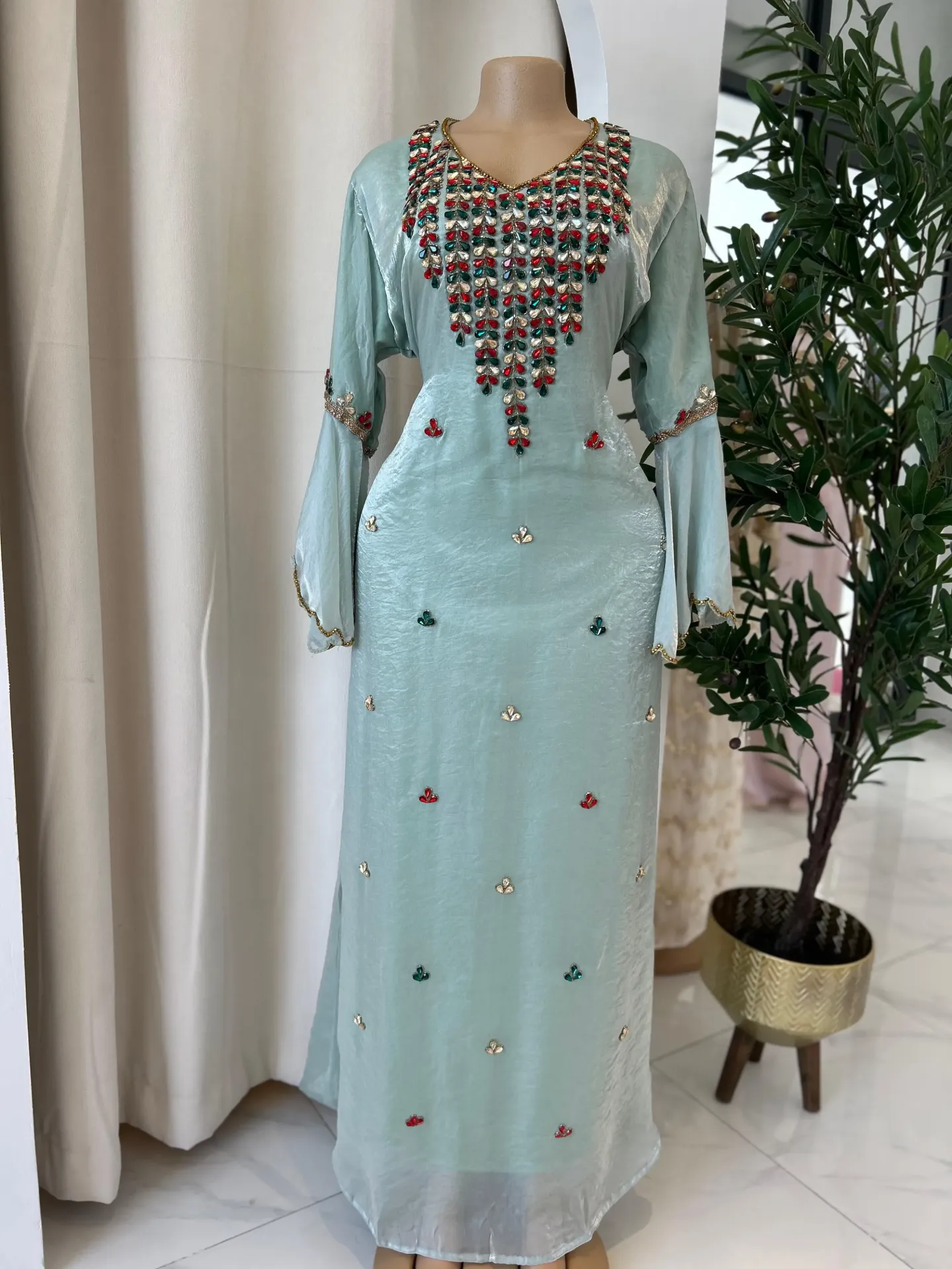 KS1297LGSF LIME GREEN  WITH COLOURFUL STONES ORGANZA KAFTAN                                   -FREE SIZE