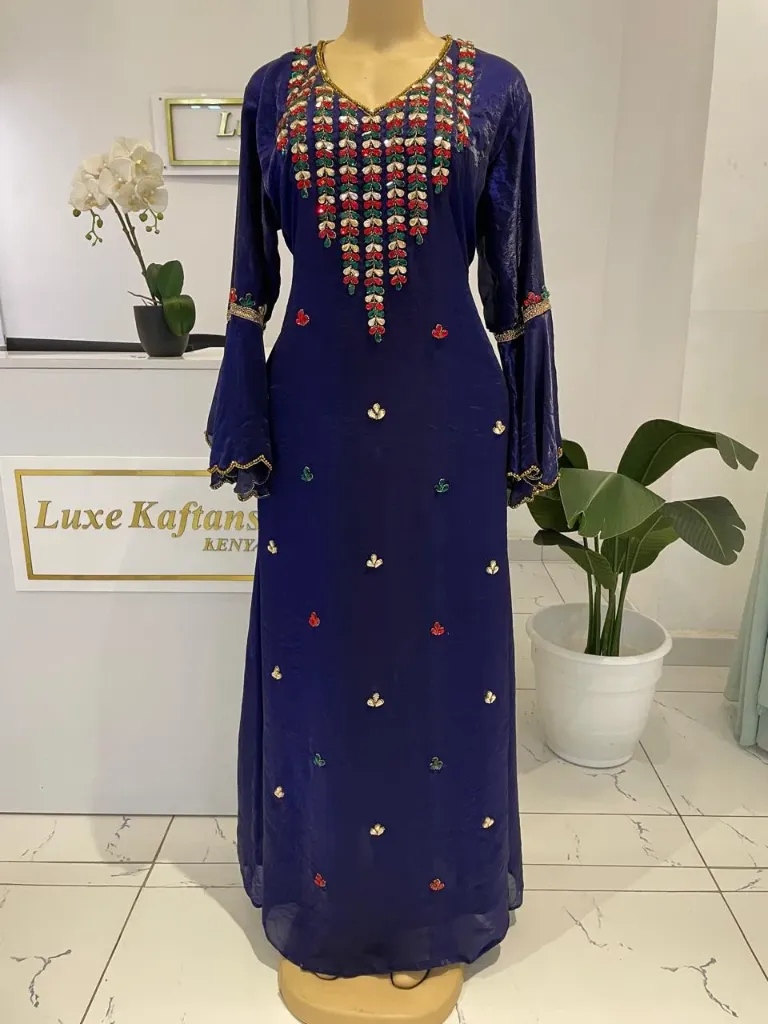KS1297NB NAVY BLUE WITH COLOURFUL STONES ORGANZA KAFTAN                                       -FREE SIZE