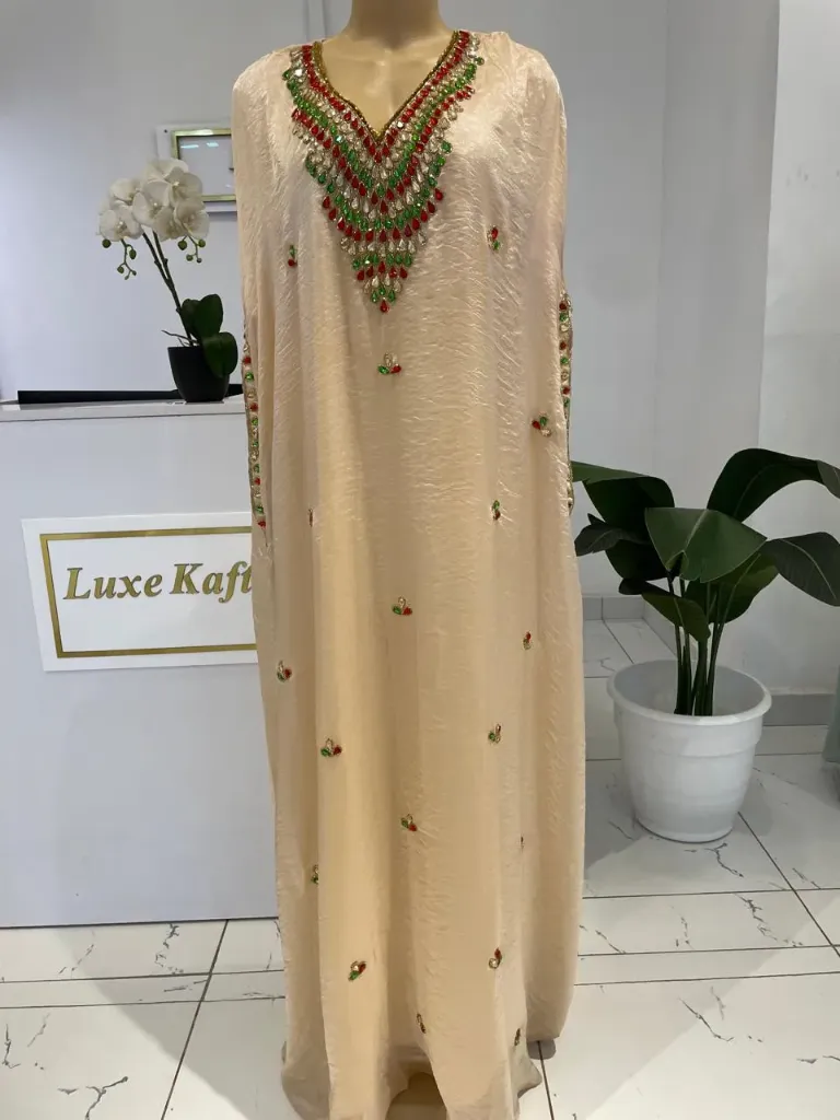 KS1297CR CREAM WITH COLOURFUL STONES ORGANZA KAFTAN                                           -FREE SIZE