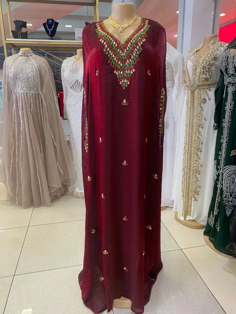 KS1297BRSF BROWN WITH COLOURFUL STONES ORGANZA KAFTAN                            -FREE SIZE